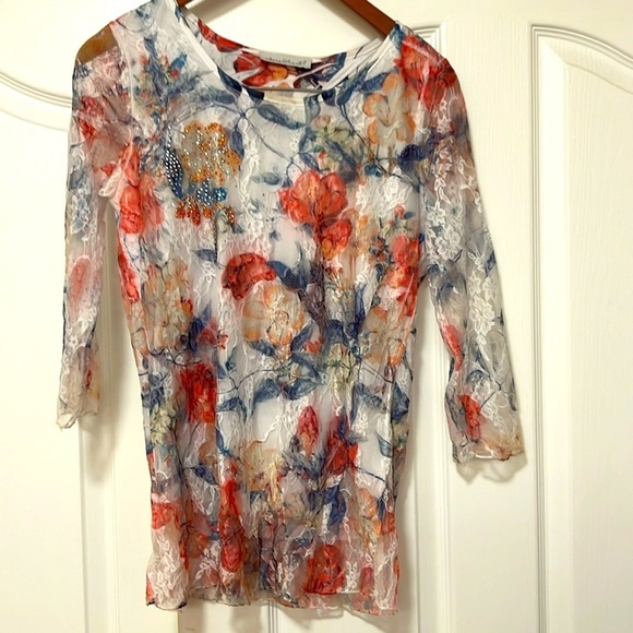 KEREN hart Tops - Karen Hart rhinestone floral laced overlay - Med